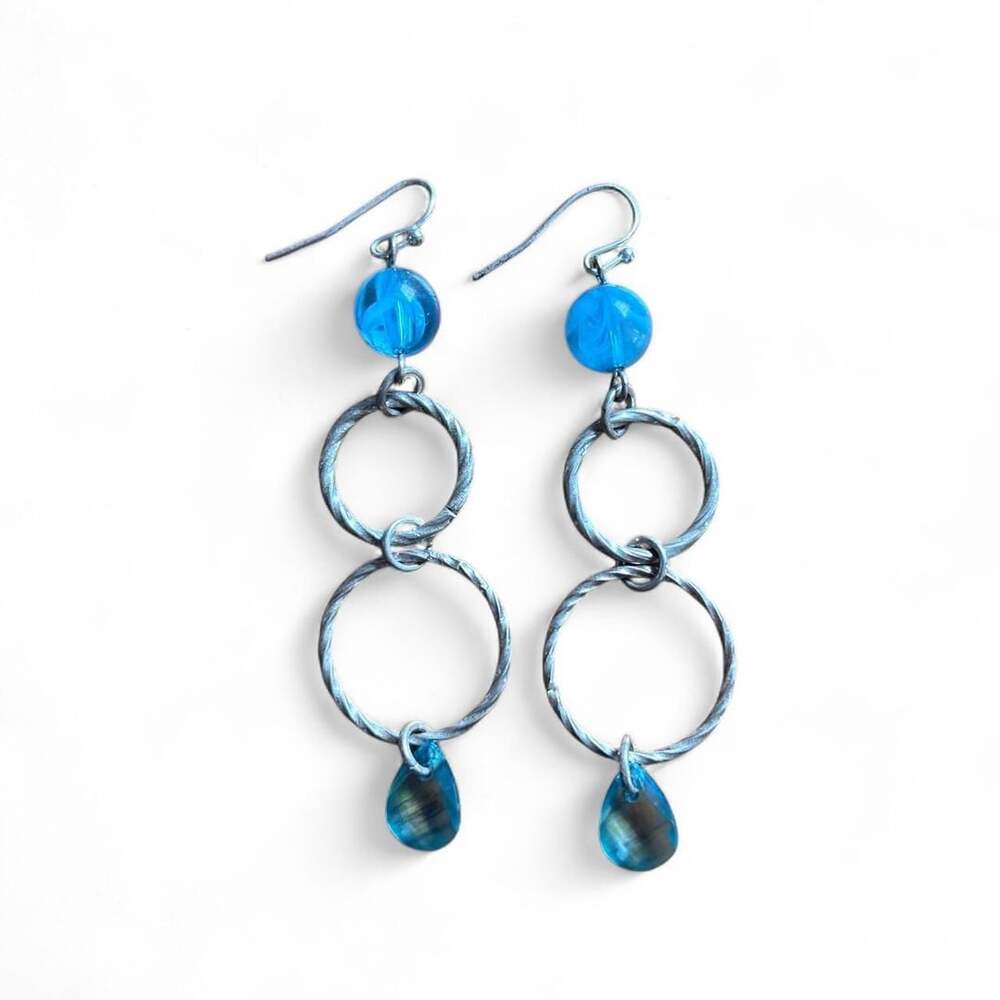 Upcycled Blue Glass and Silver-Tone Double Hoop Drop Earrings
